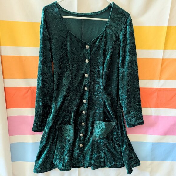 Vintage Emerald Green Crushed Velvet Skater Babydoll Fit Flare Dress Whimsigoth - Picture 1 of 13